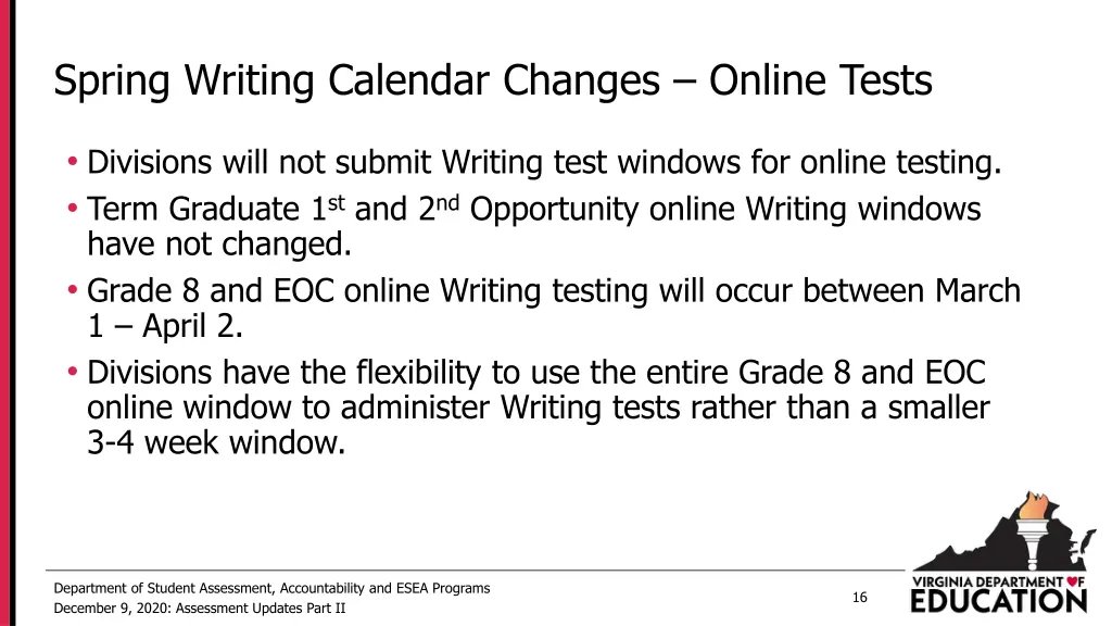 spring writing calendar changes online tests