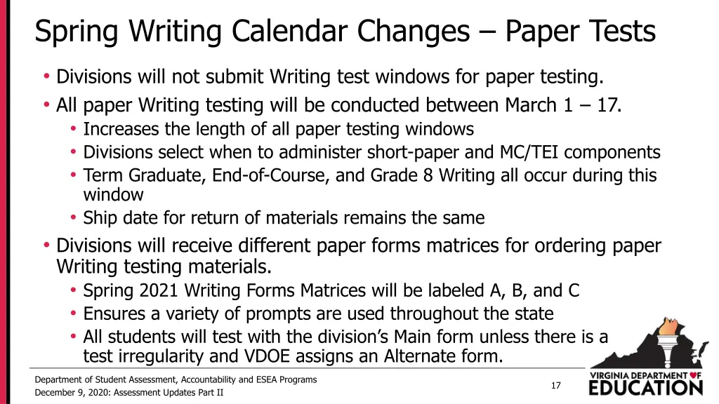 spring writing calendar changes paper tests