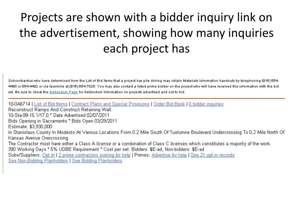 projects are shown with a bidder inquiry link