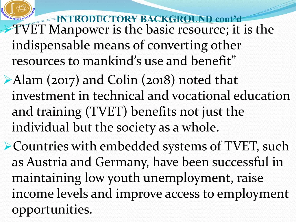introductory background cont d tvet manpower