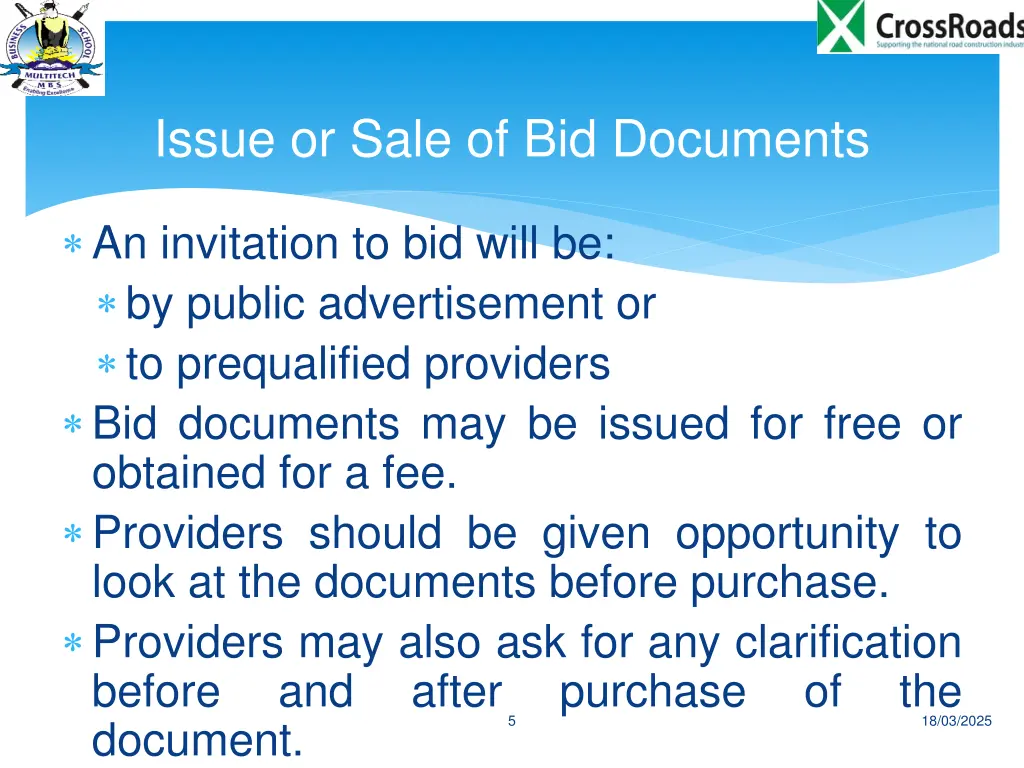 issue or sale of bid documents