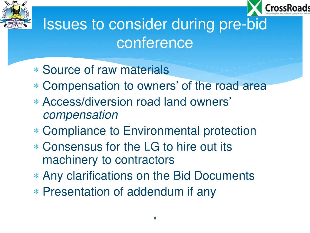 issues to consider during pre bid conference