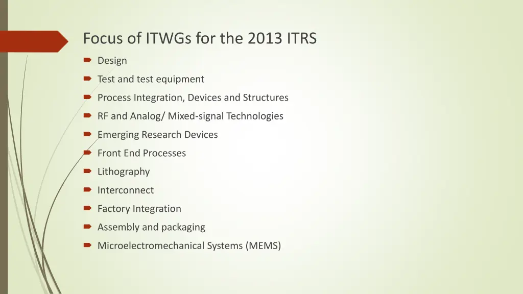 focus of itwgs for the 2013 itrs