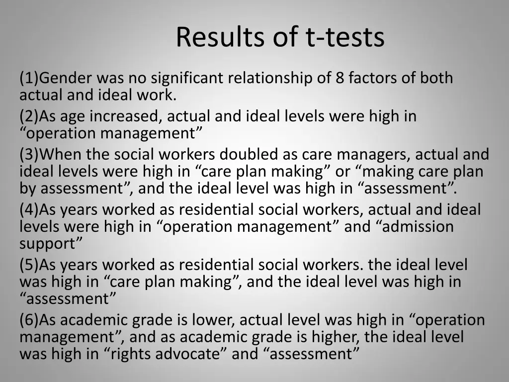 results of t tests