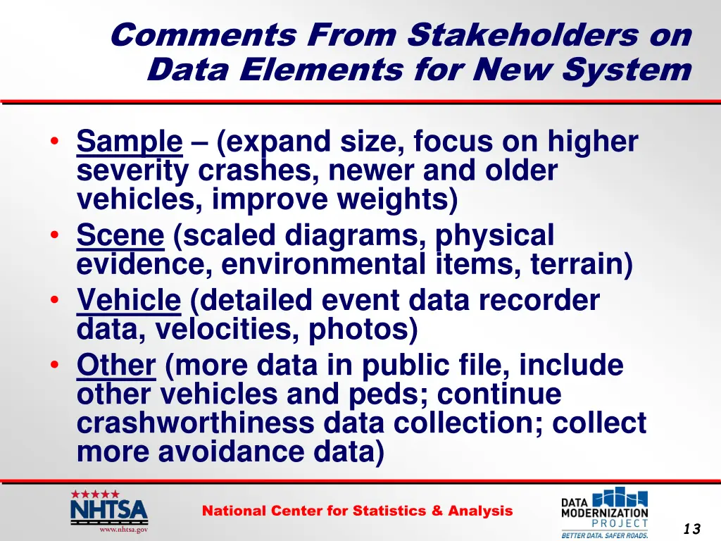 comments from stakeholders on data elements