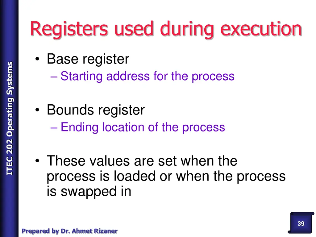 registers used during execution