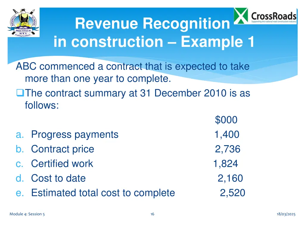 revenue recognition in construction example 1