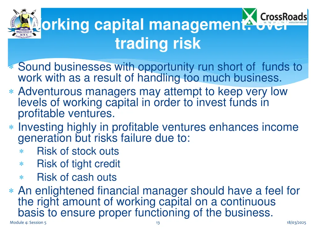 working capital management over trading risk
