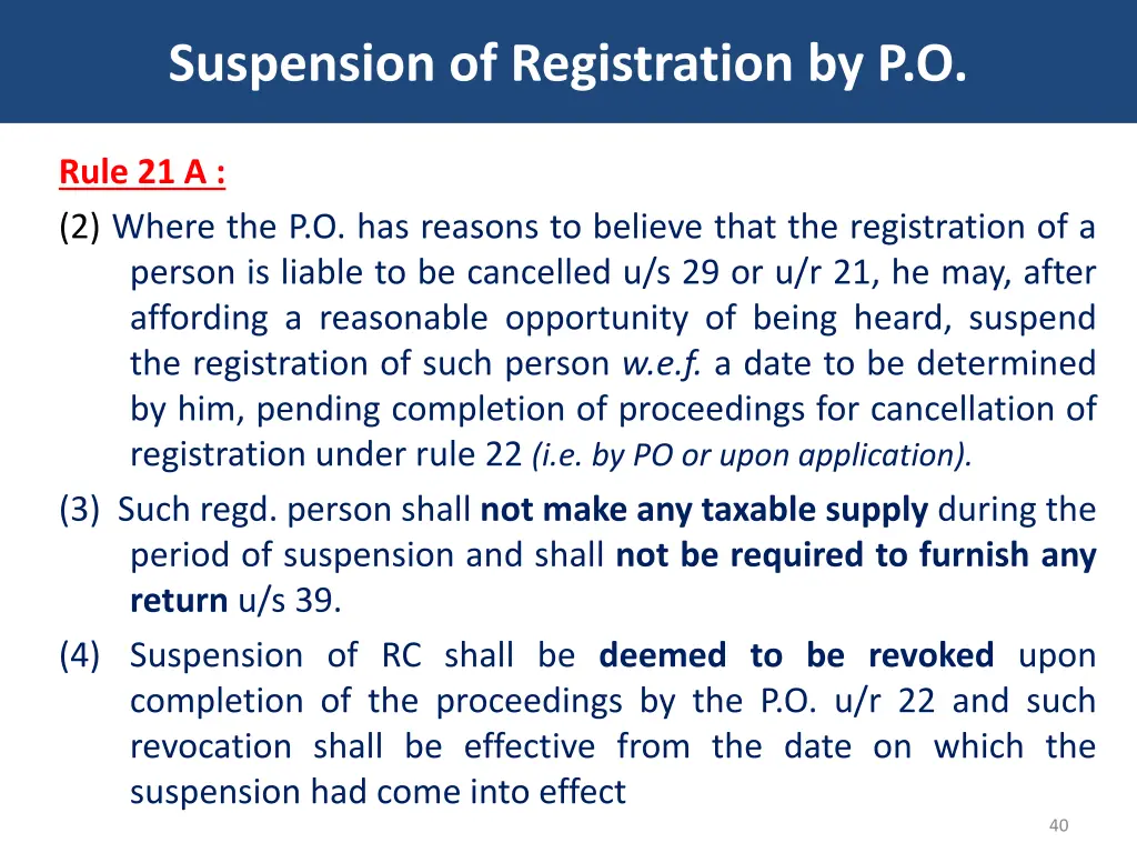suspension of registration by p o 1