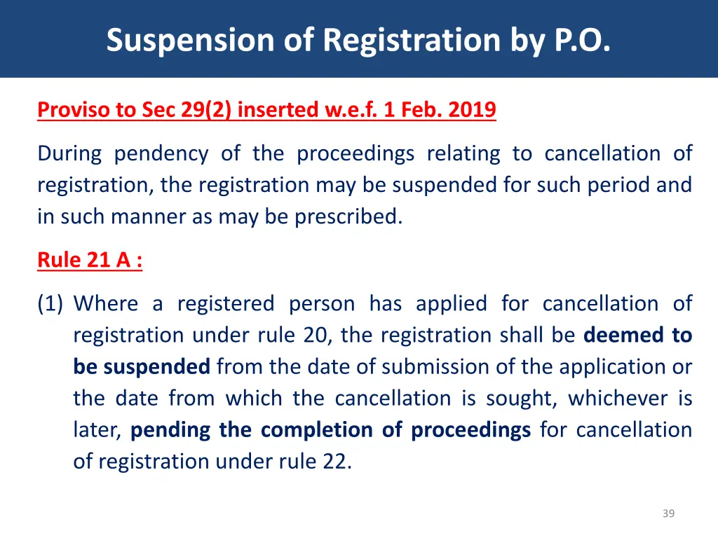 suspension of registration by p o