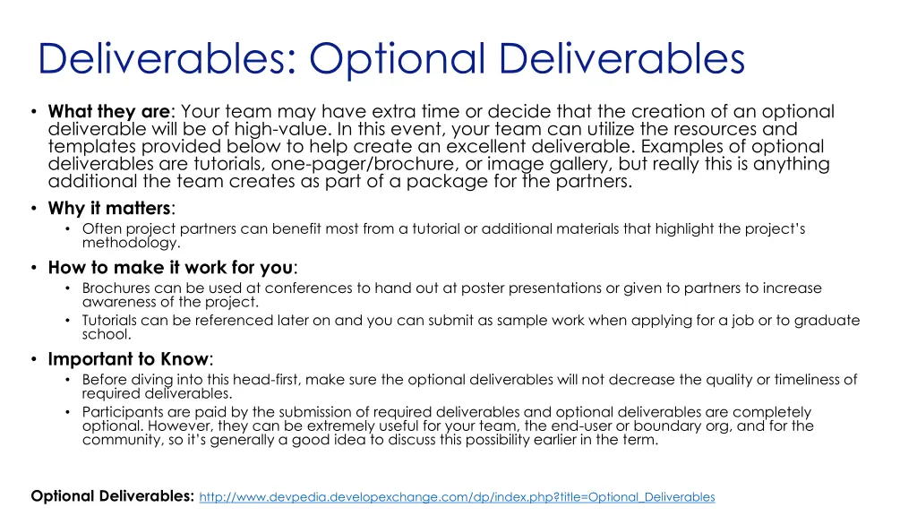 deliverables optional deliverables