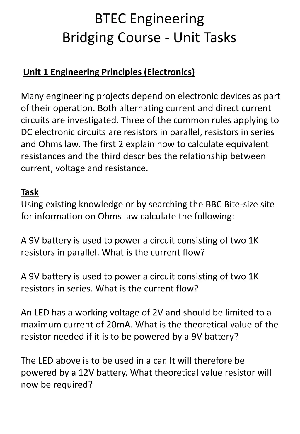 btec engineering bridging course unit tasks 2