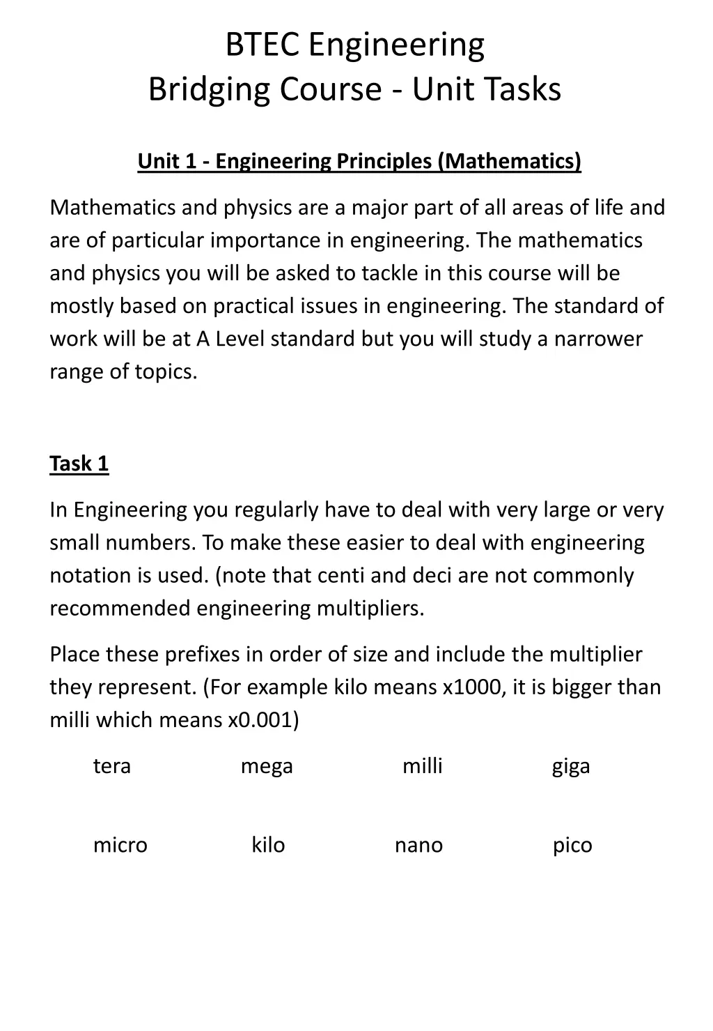 btec engineering bridging course unit tasks
