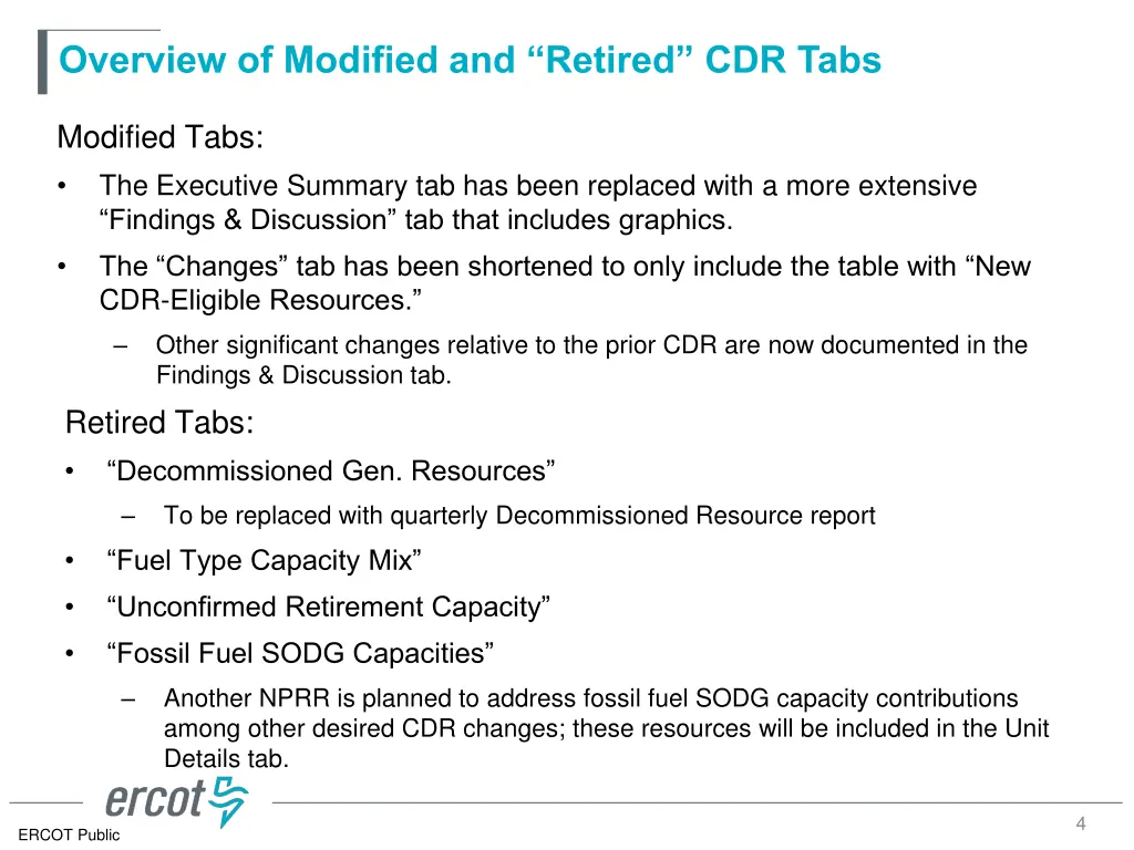 overview of modified and retired cdr tabs