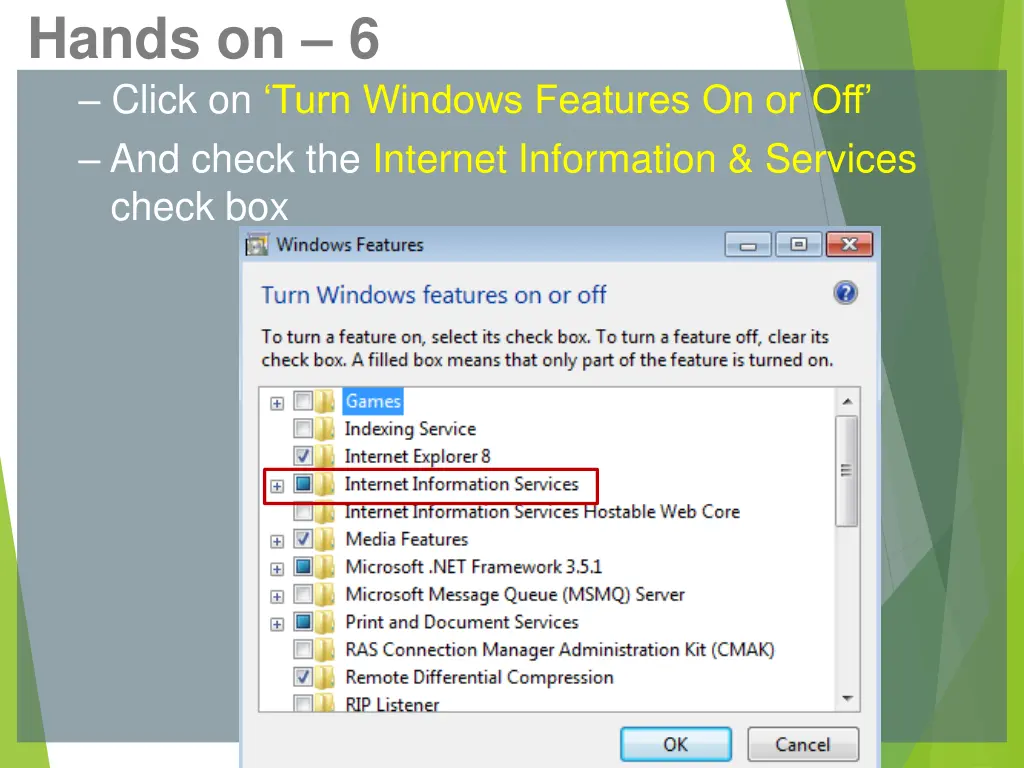 hands on 6 click on turn windows features