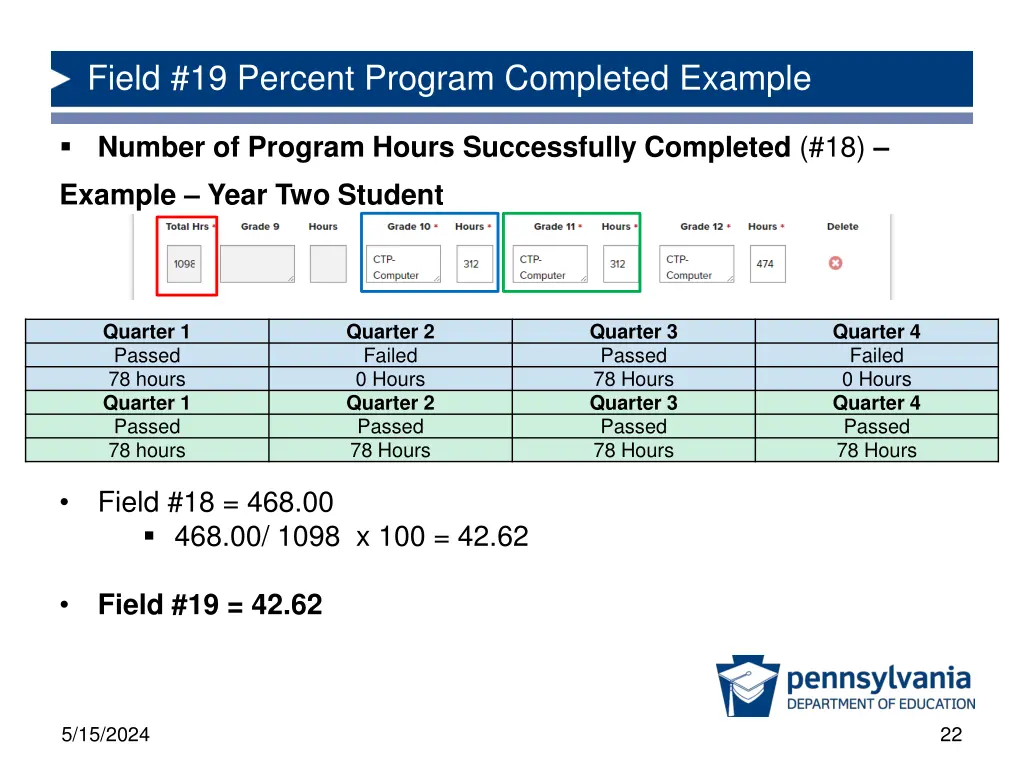 field 19 percent program completed example 1