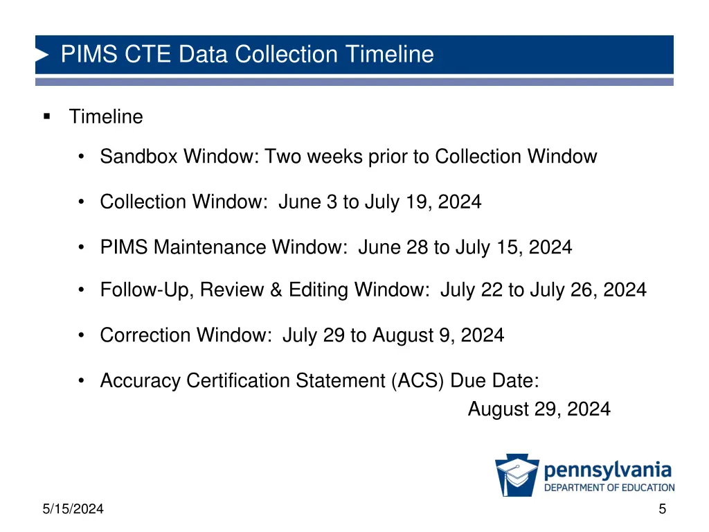 pims cte data collection timeline