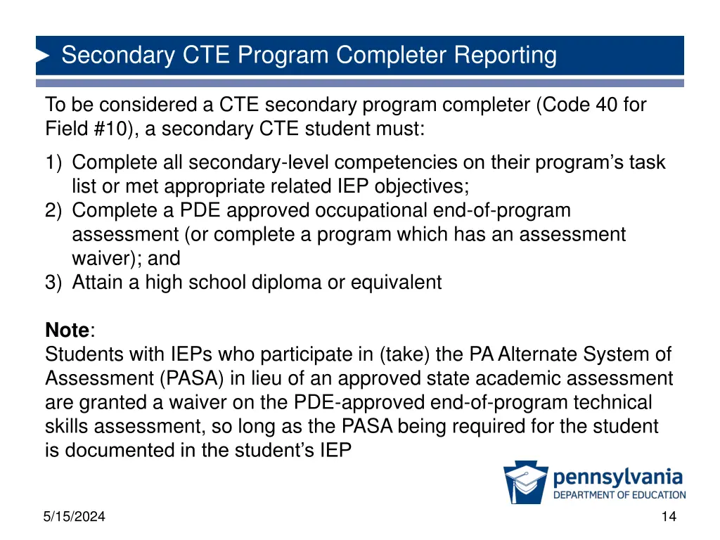 secondary cte program completer reporting