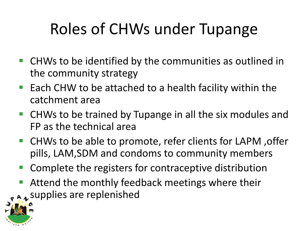 roles of chws under tupange
