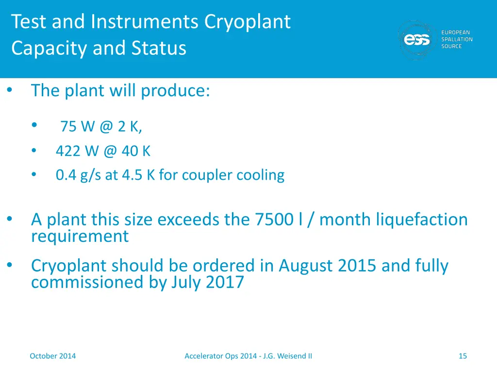 test and instruments cryoplant capacity and status