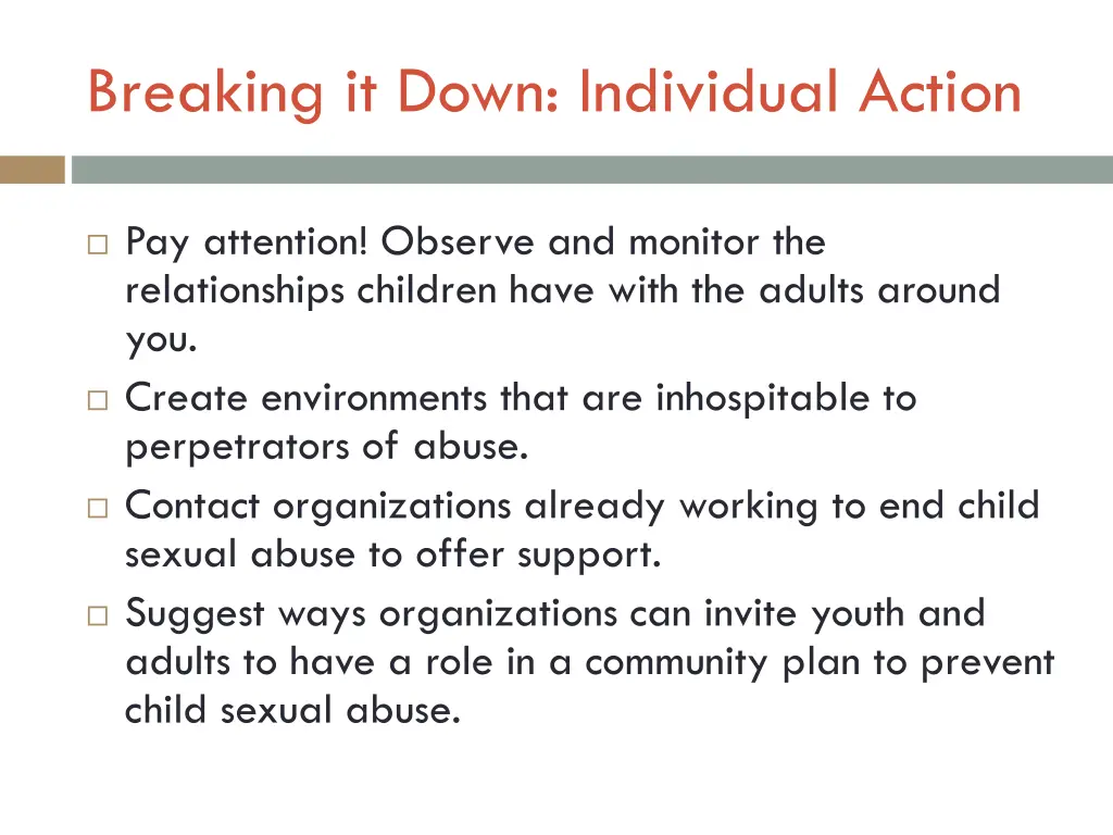 breaking it down individual action 1
