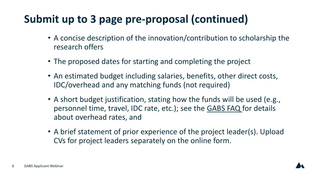 submit up to 3 page pre proposal continued