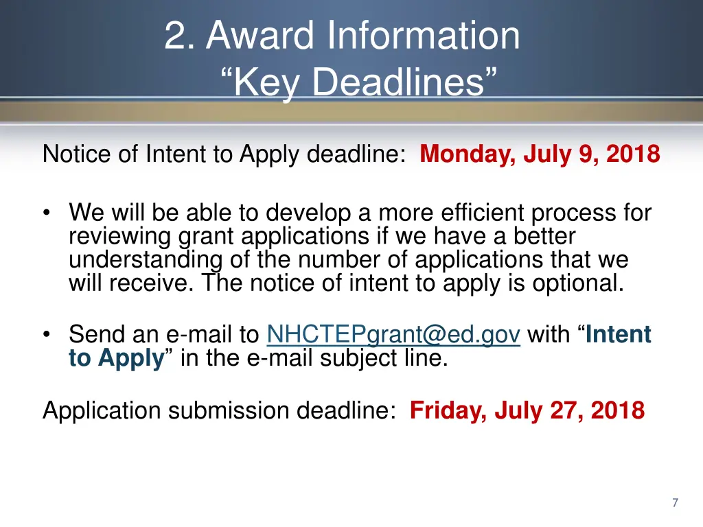 2 award information key deadlines