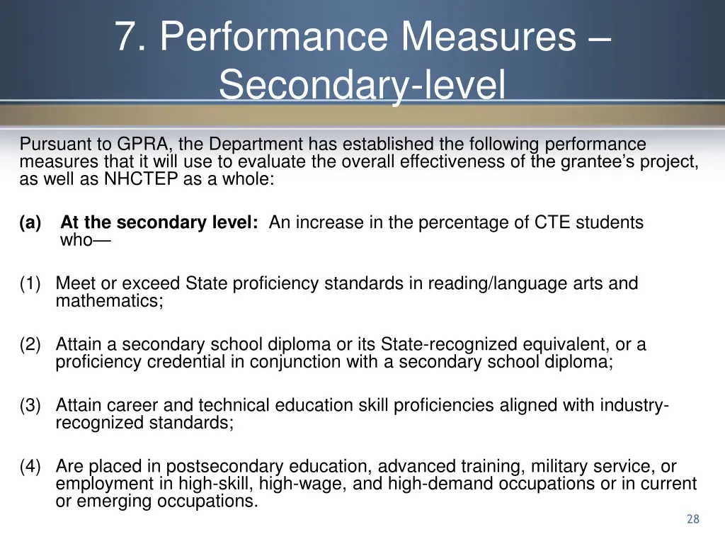 7 performance measures secondary level
