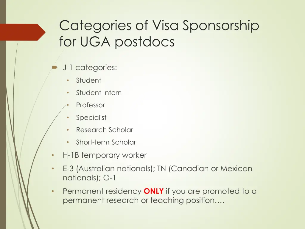 categories of visa sponsorship for uga postdocs