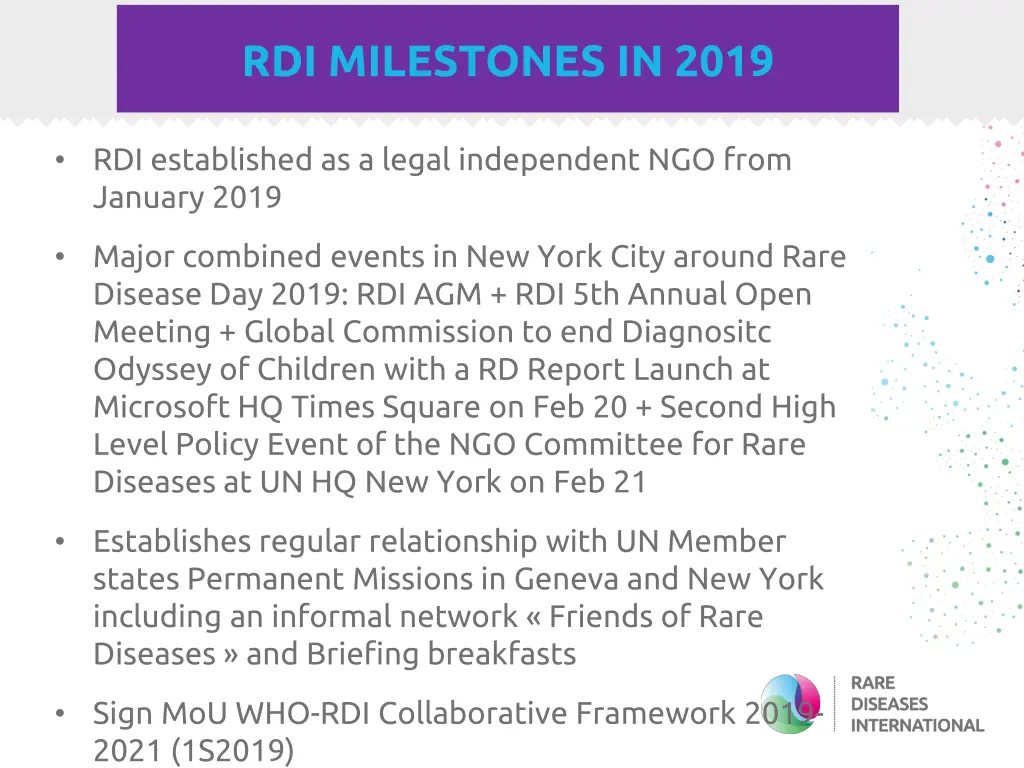 rdi milestones in 2019