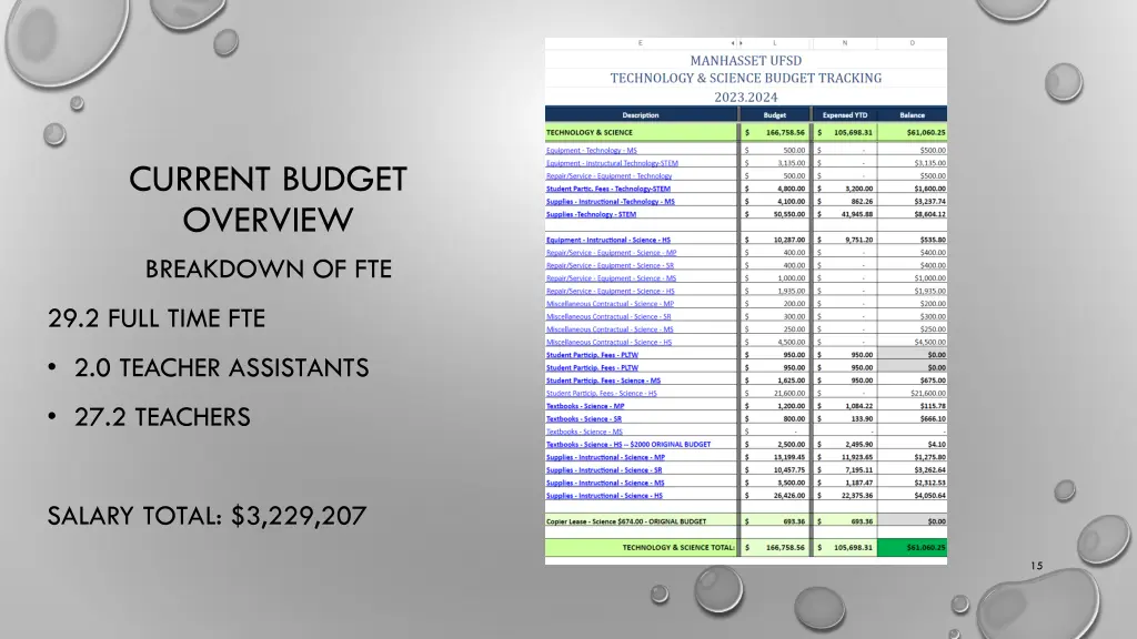 current budget overview breakdown of fte