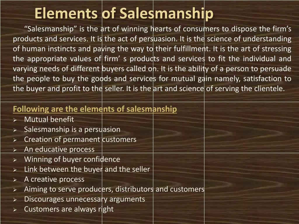 elements of salesmanship salesmanship