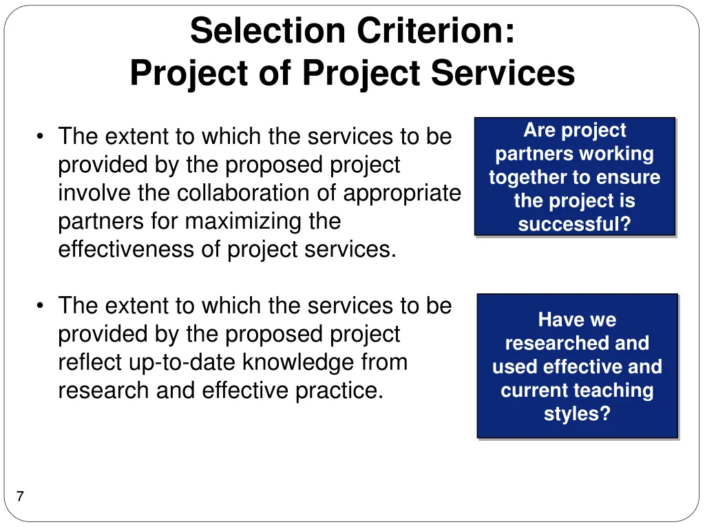 selection criterion project of project services