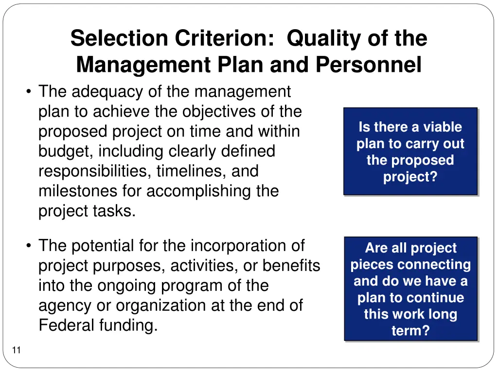 selection criterion quality of the management
