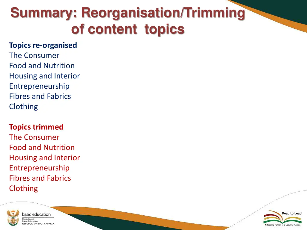 summary reorganisation trimming of content topics
