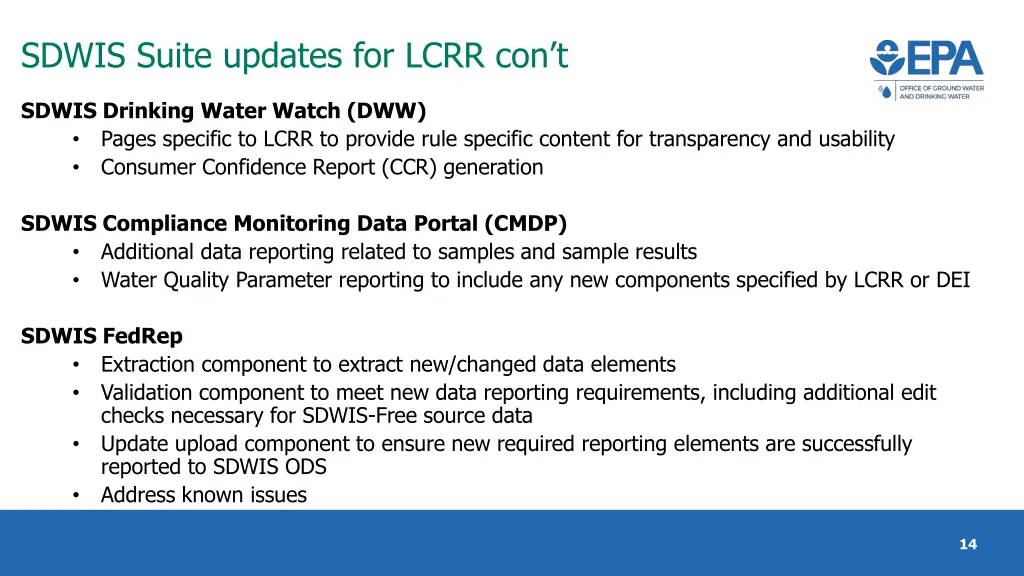 sdwis suite updates for lcrr con t