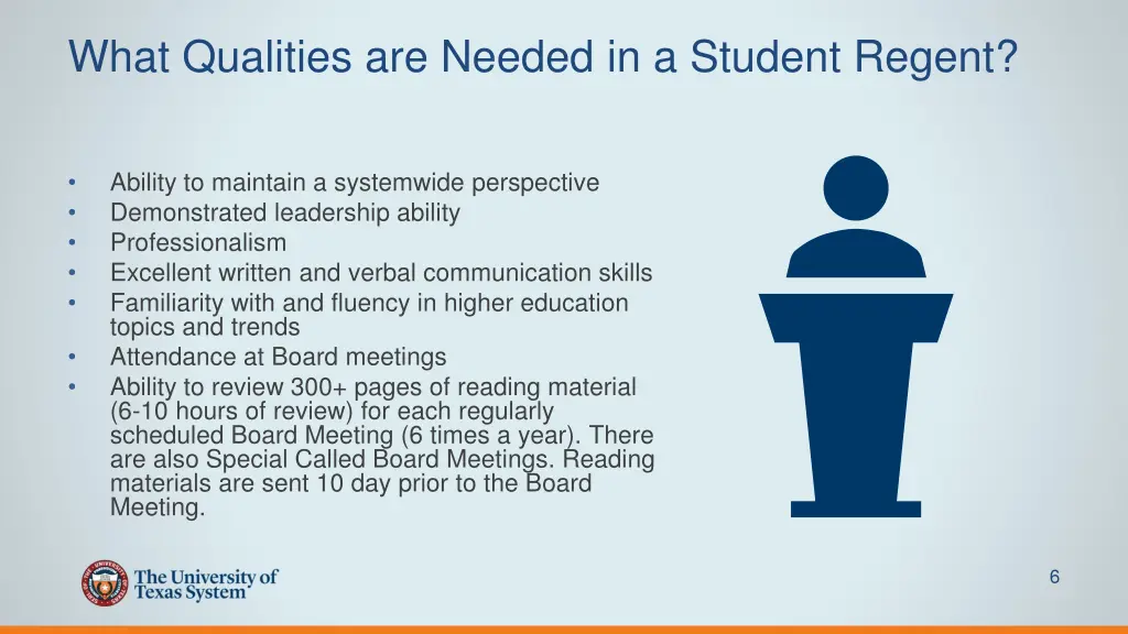 what qualities are needed in a student regent