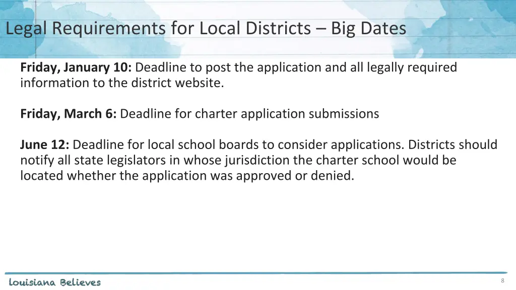 legal requirements for local districts big dates