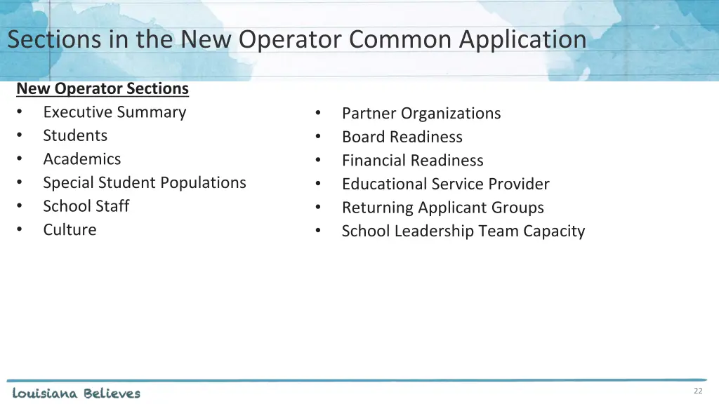 sections in the new operator common application