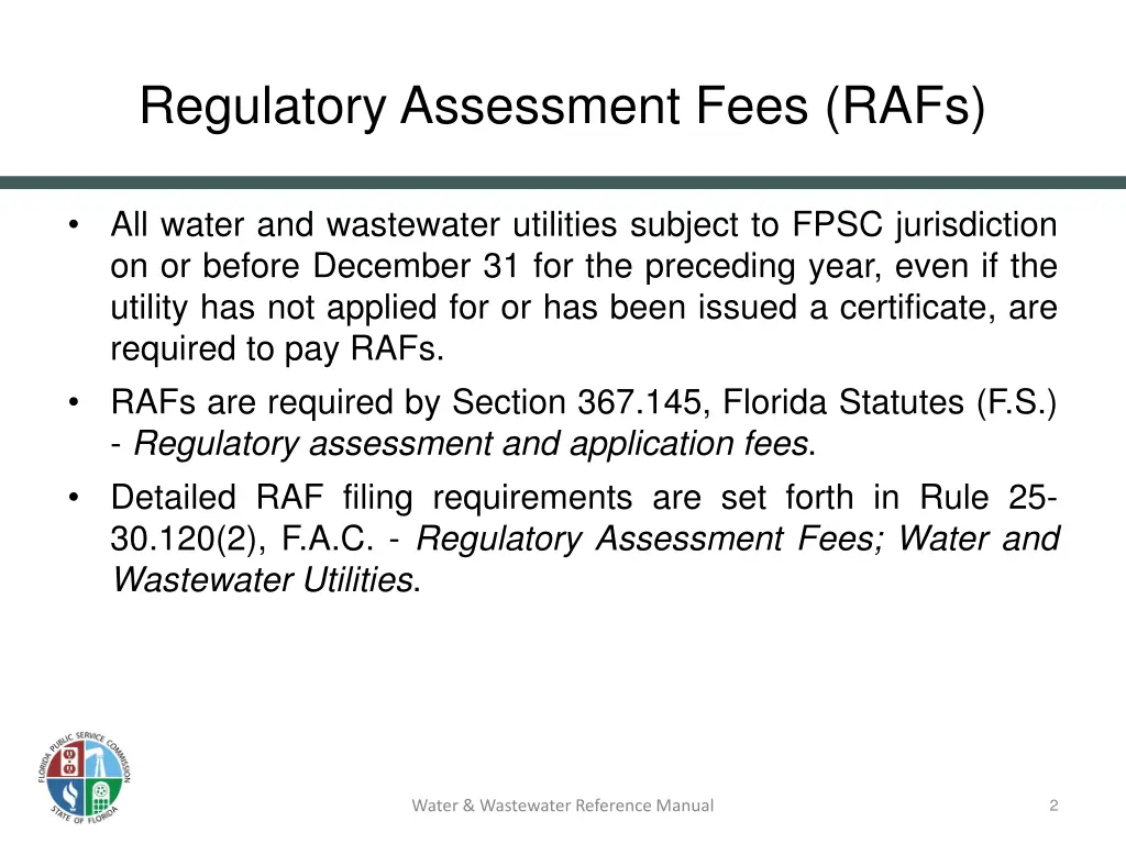 regulatory assessment fees rafs