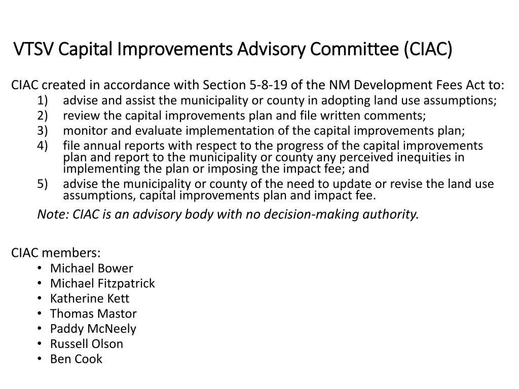 vtsv capital improvements advisory committee ciac