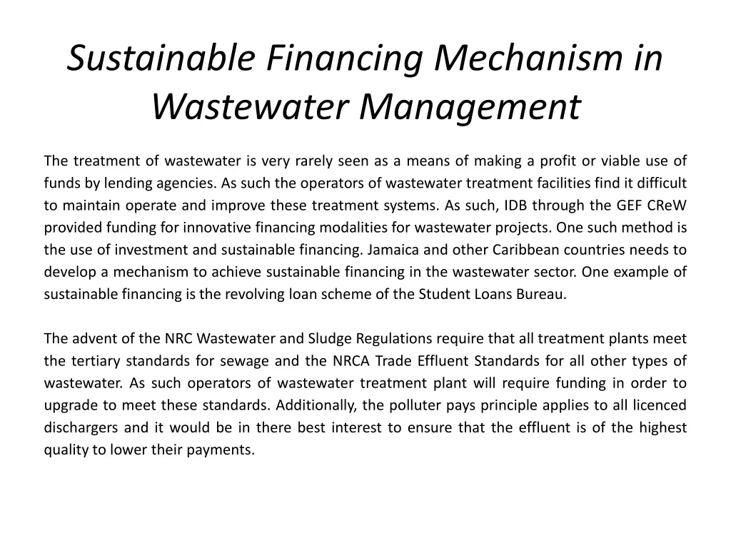 sustainable financing mechanism in wastewater