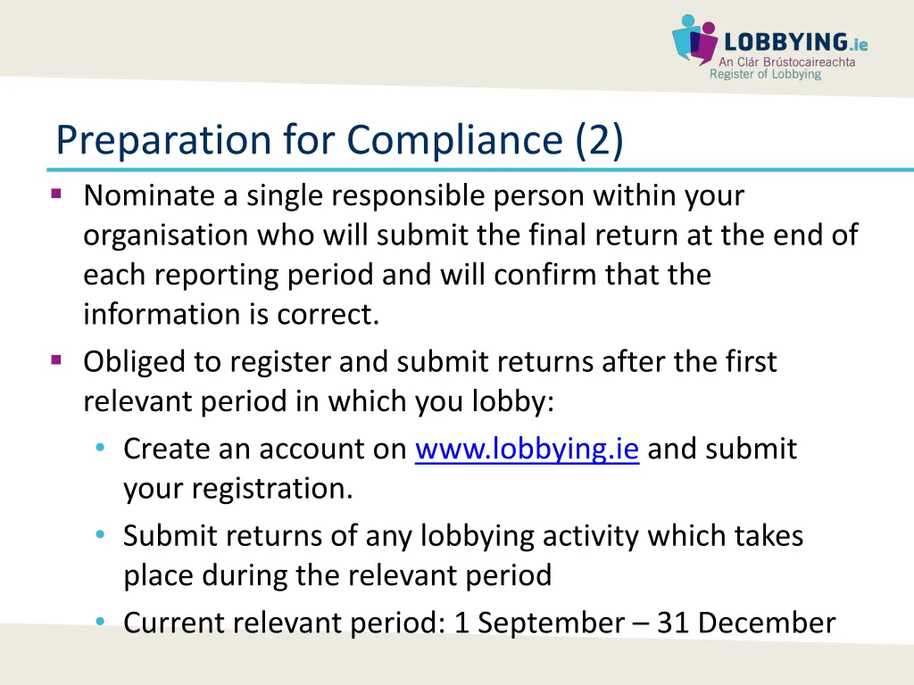 preparation for compliance 2 nominate a single