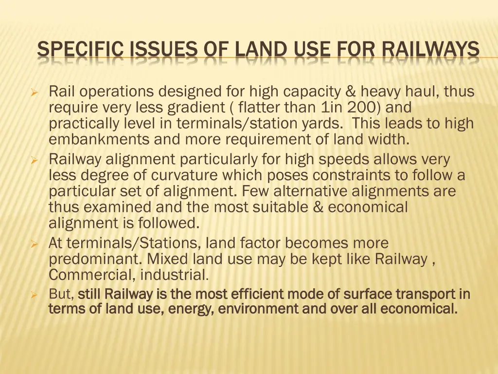 specific issues of land use for railways