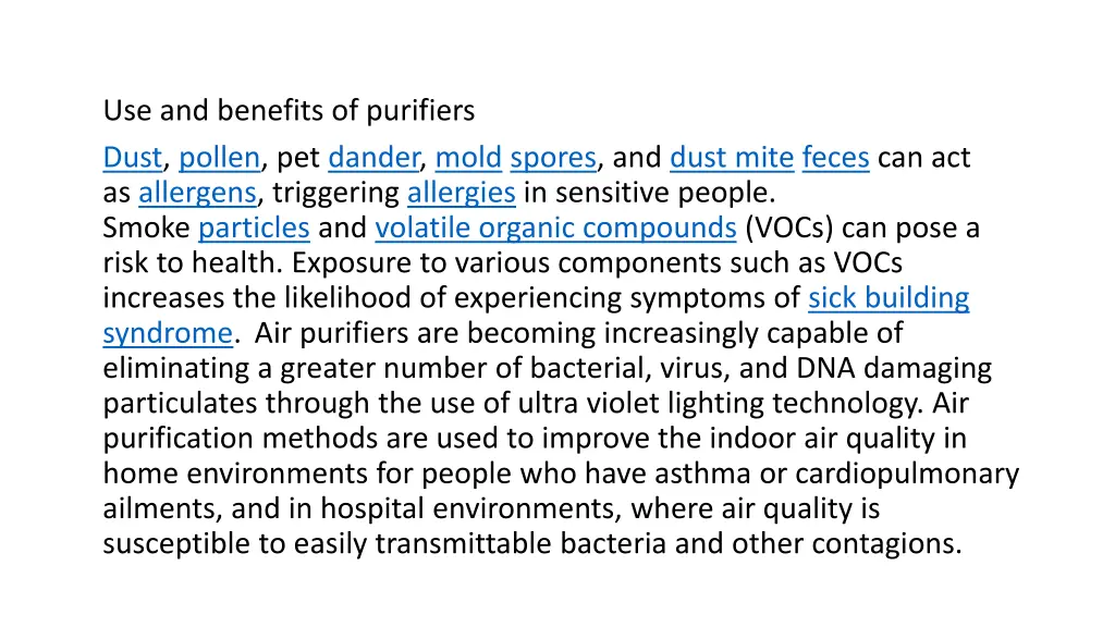 use and benefits of purifiers dust pollen