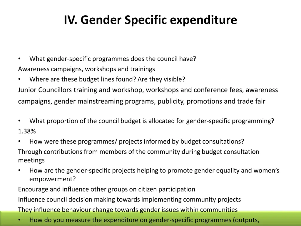iv gender specific expenditure