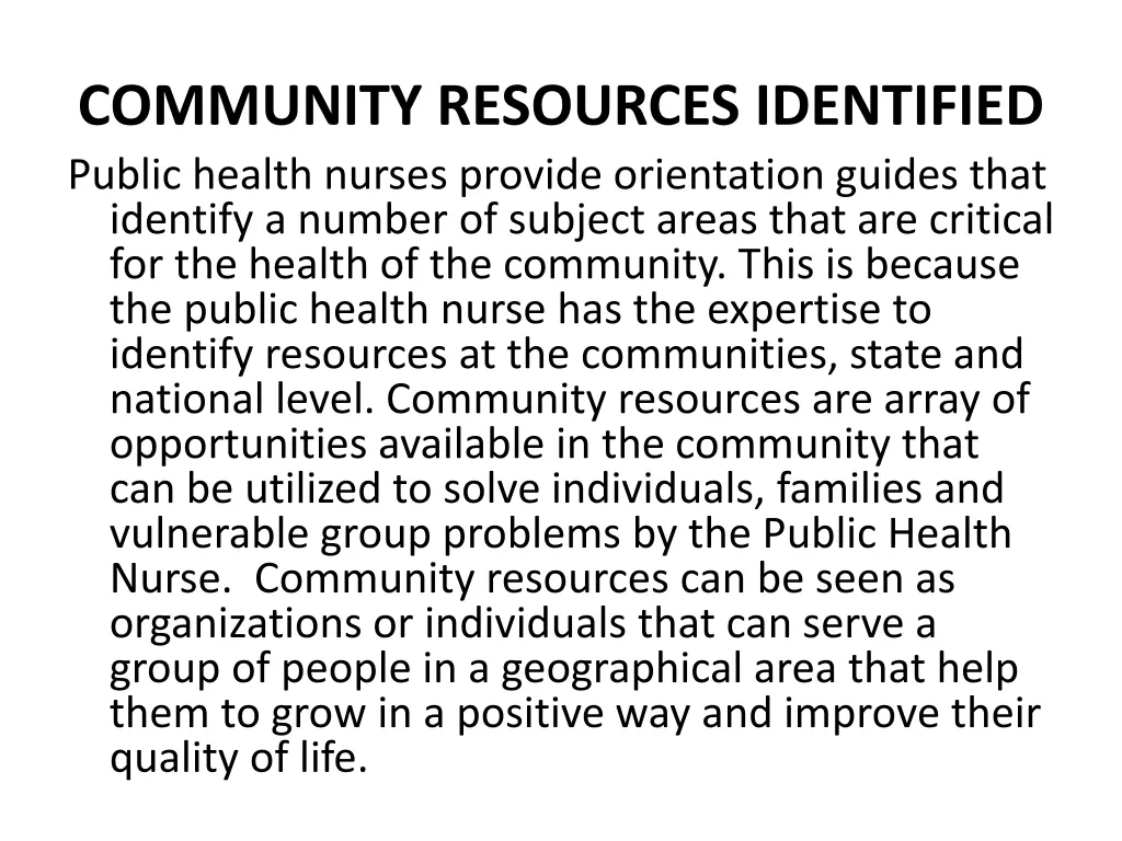 community resources identified public health