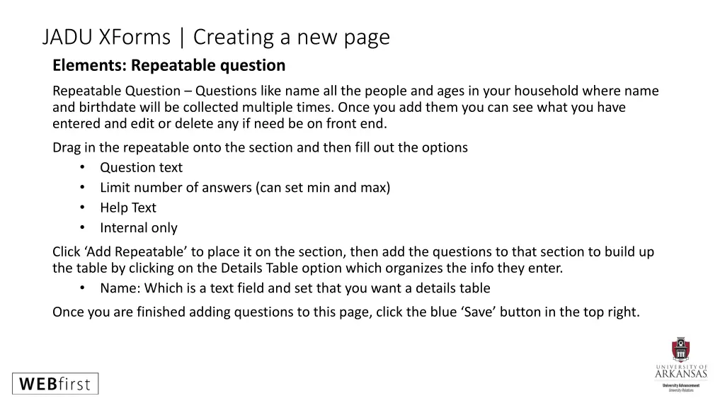 jadu xforms creating a new page elements