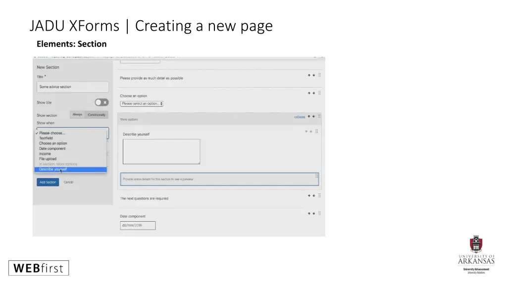 jadu xforms creating a new page elements section 1