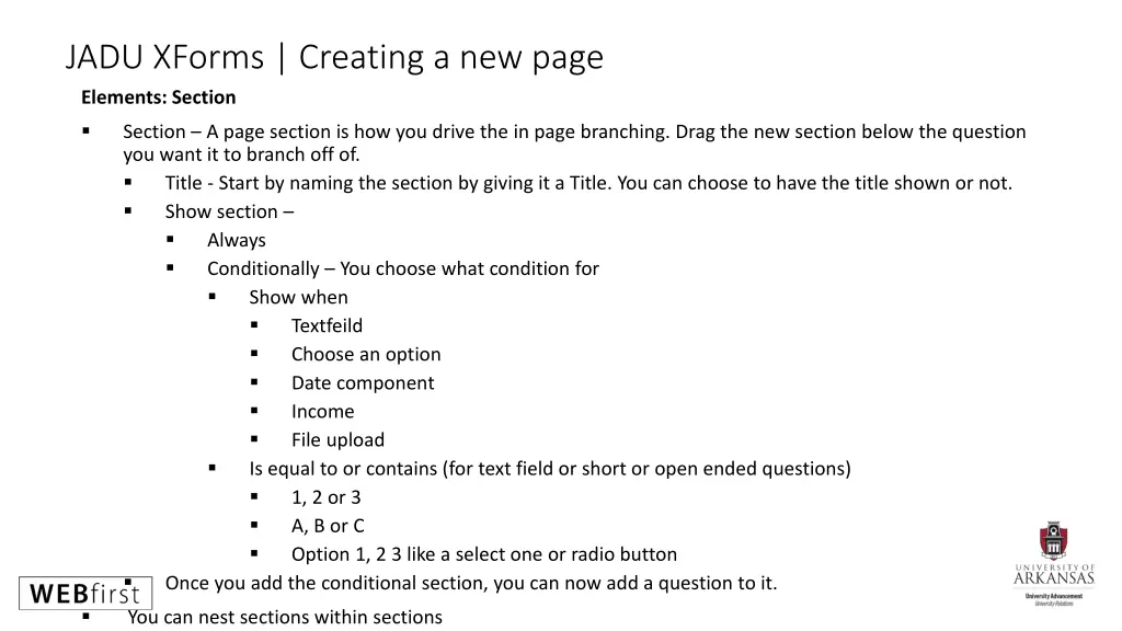 jadu xforms creating a new page elements section